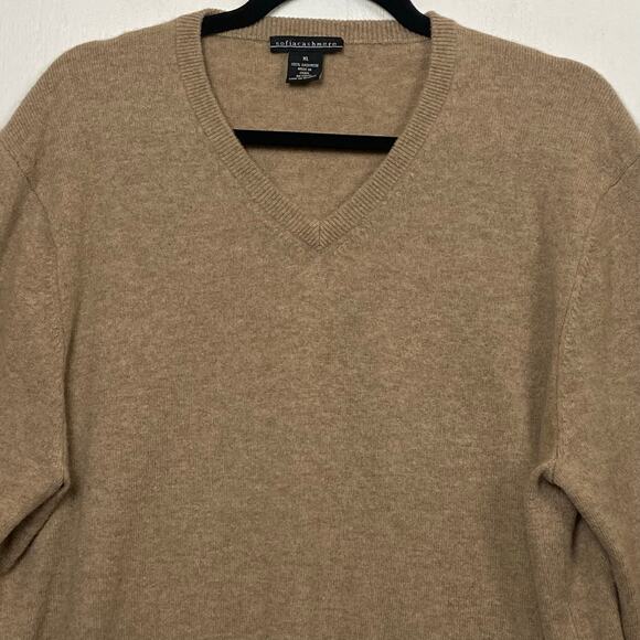 Sofia Cashmere Mens Tan 100% Cashmere V-Neck Pullover Sweater XL Quiet Luxury - Picture 2 of 9